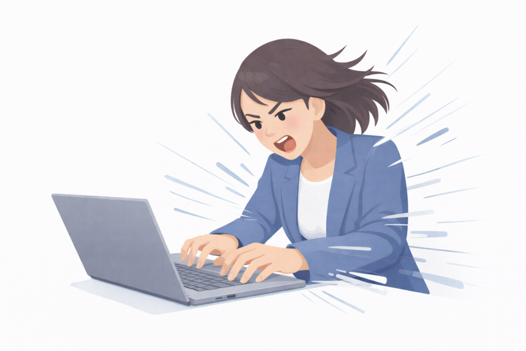 勢いよくタイピングする女性のイメージ図